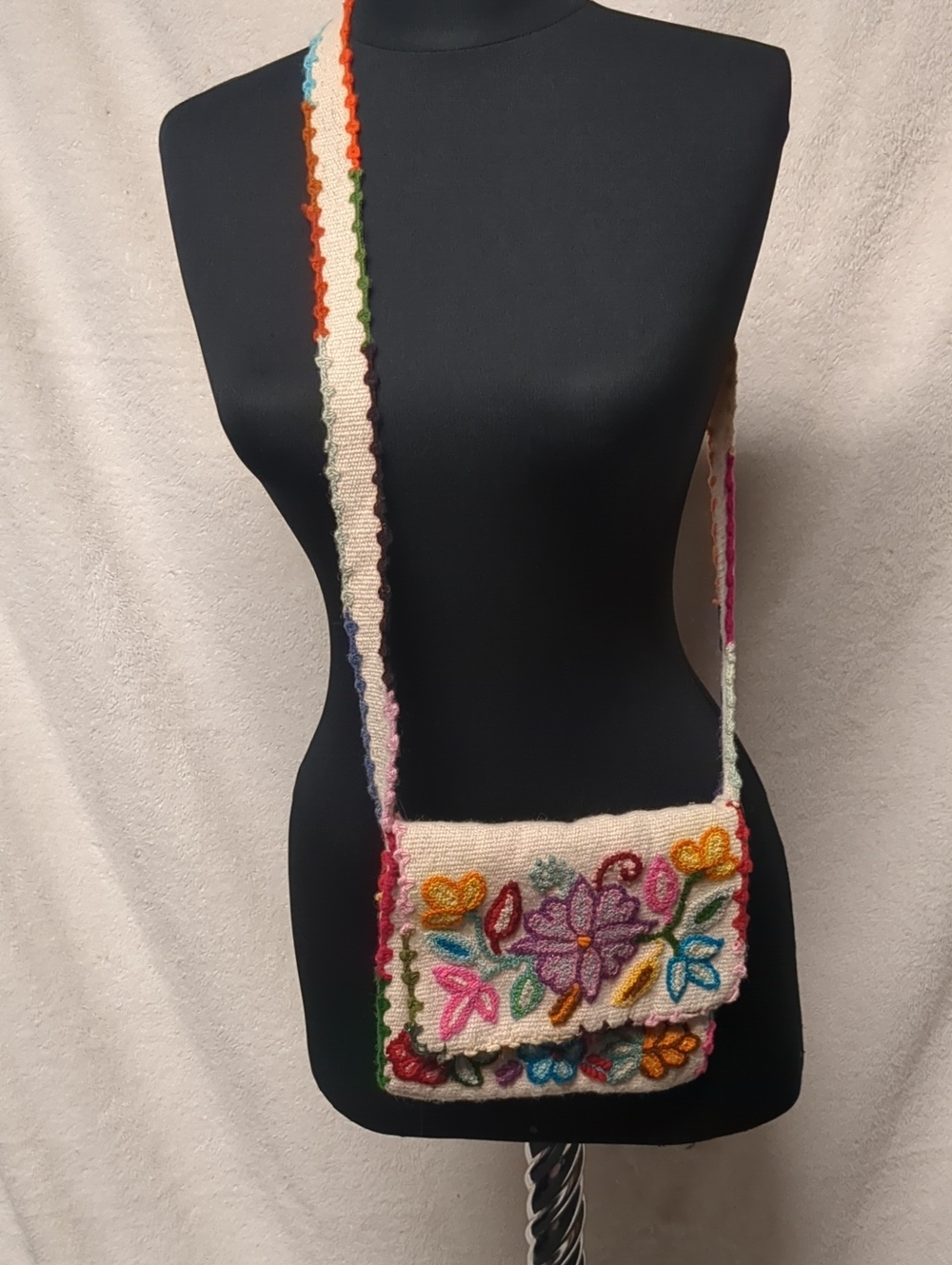 Embroidered Cream Floral Crossbody Bag with Multicolor Strap
